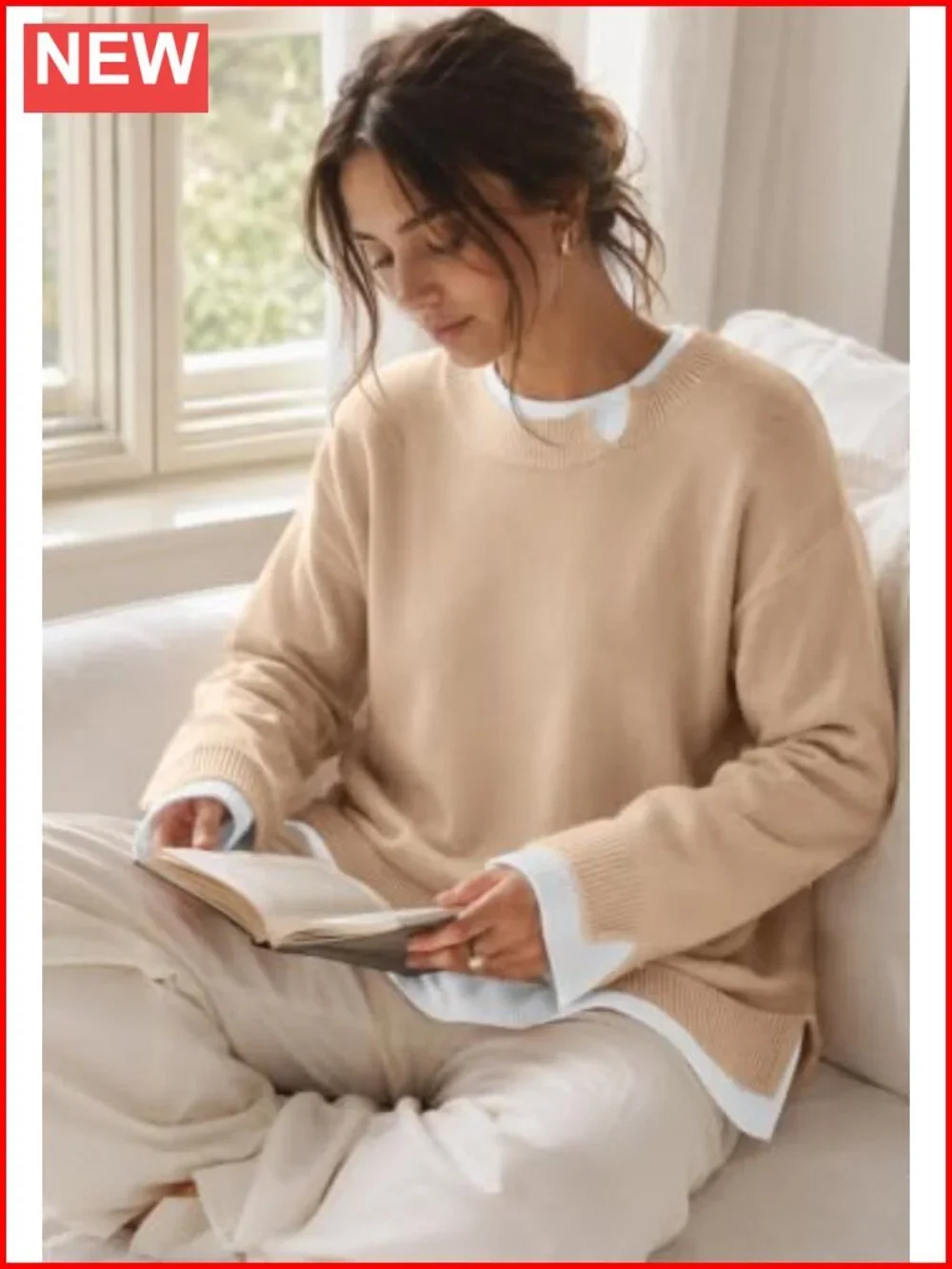 Womens Oversized Layered Color Block Pullover Sweater Loose Knit Teacher Outfit